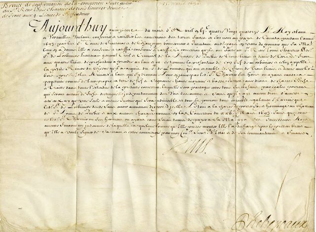 Brevet_de_confirmation_d_une_concession_en_Canada_par_le_Roi_a_Rene-Louis_Chartier_de_Lotbiniere,_15_avril_1694