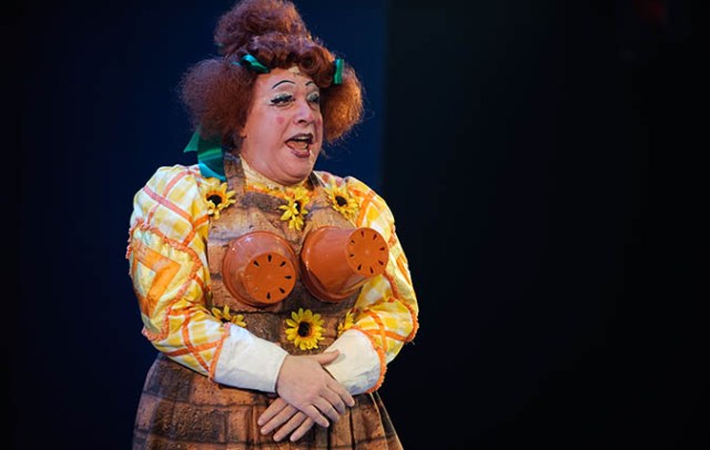 Traditional pantomime dame (man dressed as a woman) in a production of Jac and the Beanstalk, Aberystwyth Arts Centre, Wales UK